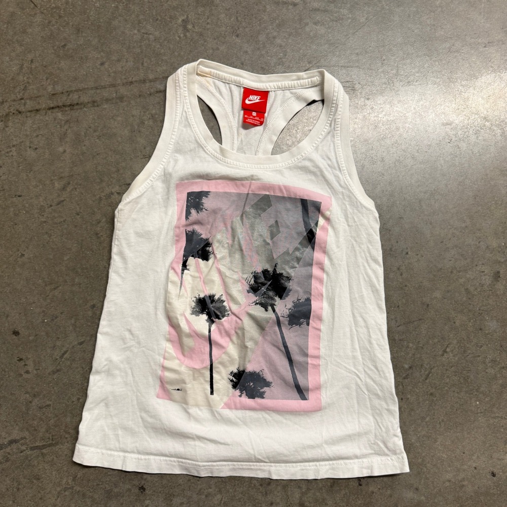 Nike Womens White Tropical Palm Tree Graphic Racerback Tank Top XS Summer Beach